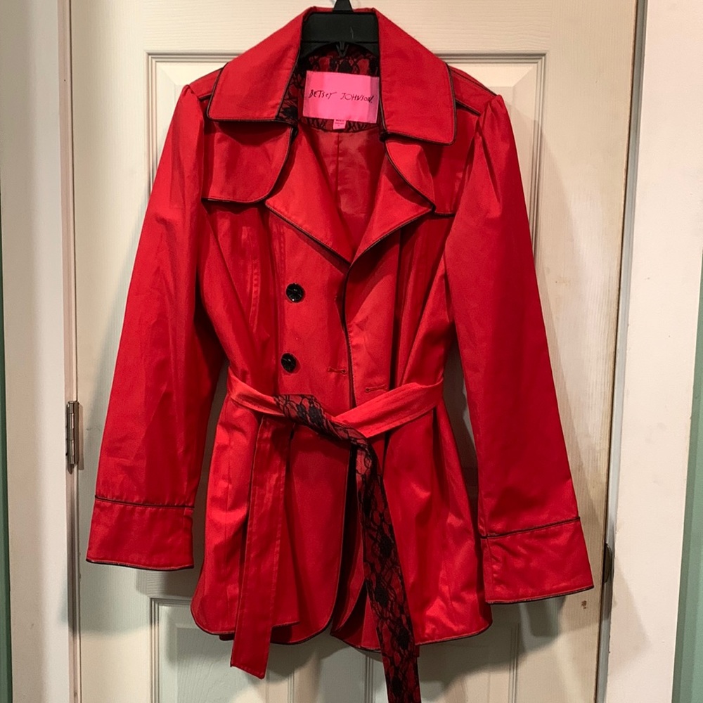 Vintage Y2K Betsey Johnson 90s Trench Coat with Lace Accents XL